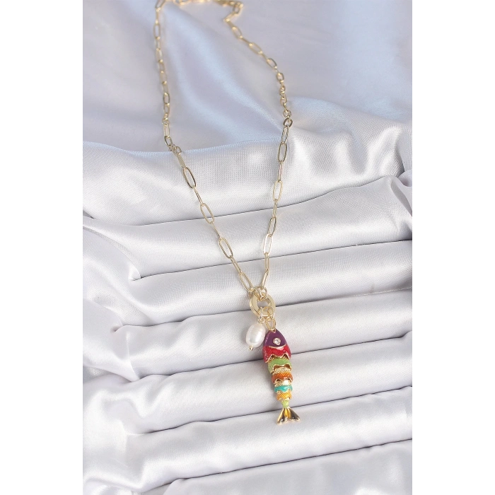 BFS İnci Detaylı Zirkon Taşlı Rainbow Balık Figürlü Gold Renk Pirinç Kolye