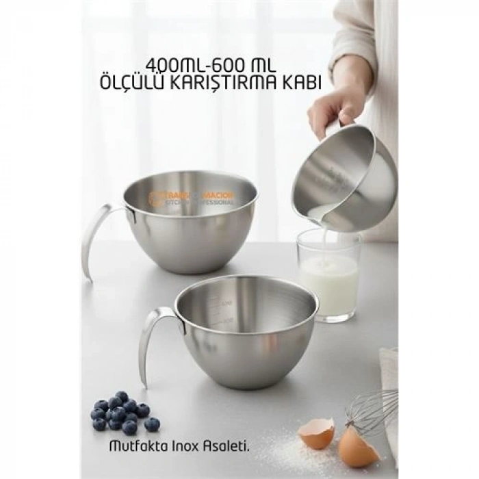 BFS Inox Çelik Profesyonel Ölçülü Karıştırma Kabı Seti -400-600 ml Sos & Hazırlık Şefi Serisi