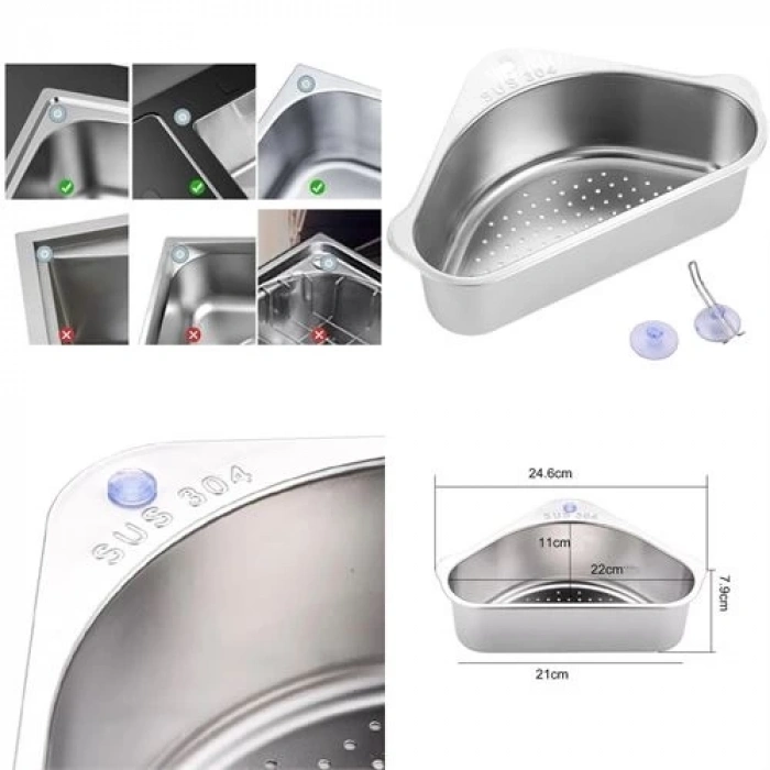 BFS Inox Lavabo Köşe Süzgeci Organizer 304 Paslanmaz Çelik