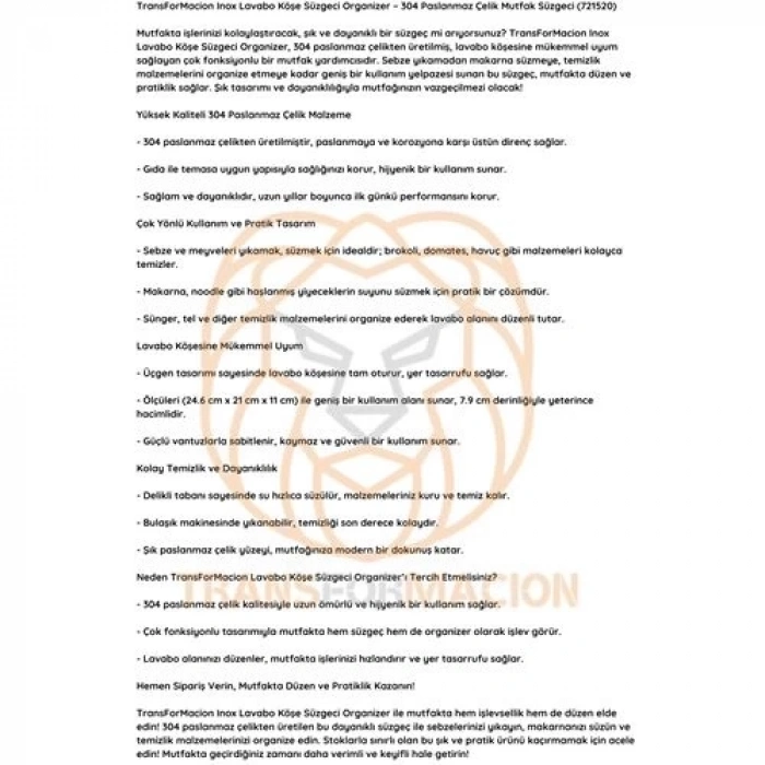 BFS Inox Lavabo Köşe Süzgeci Organizer 304 Paslanmaz Çelik