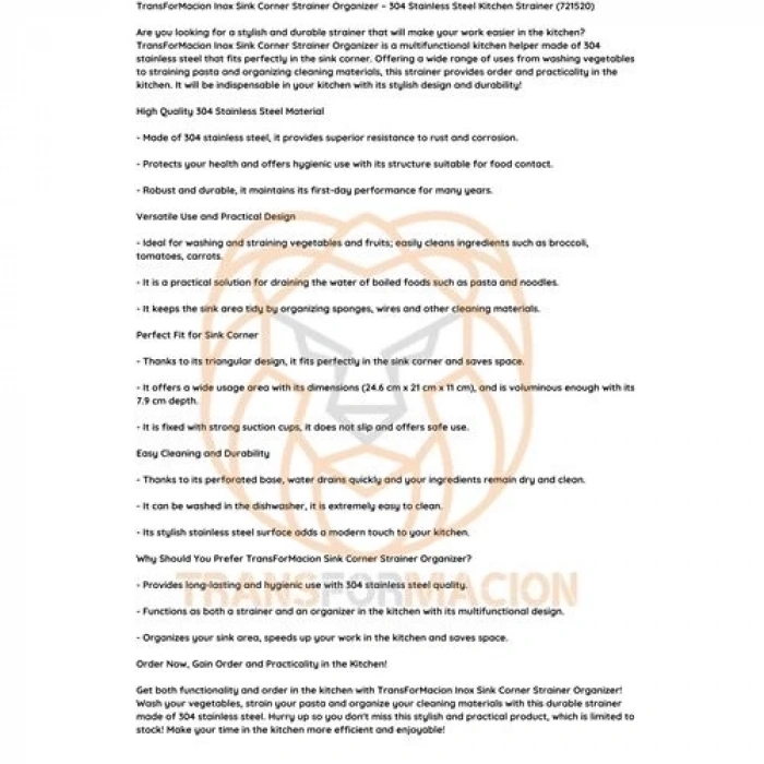 BFS Inox Lavabo Köşe Süzgeci Organizer 304 Paslanmaz Çelik