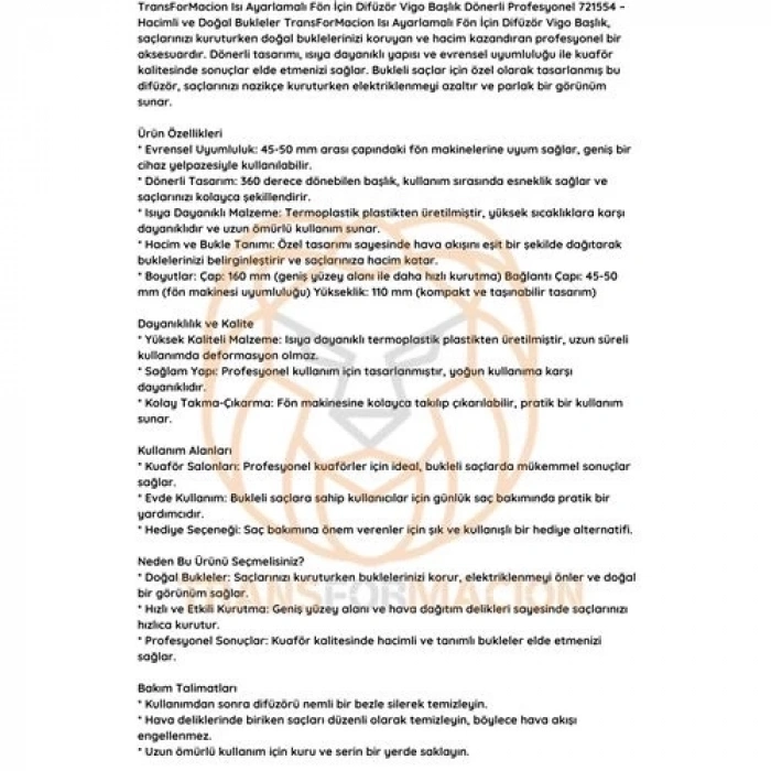 BFS Isı Ayarlamalı Fön Için Difüzör Vigo Başlık Dönerli Profesyonel