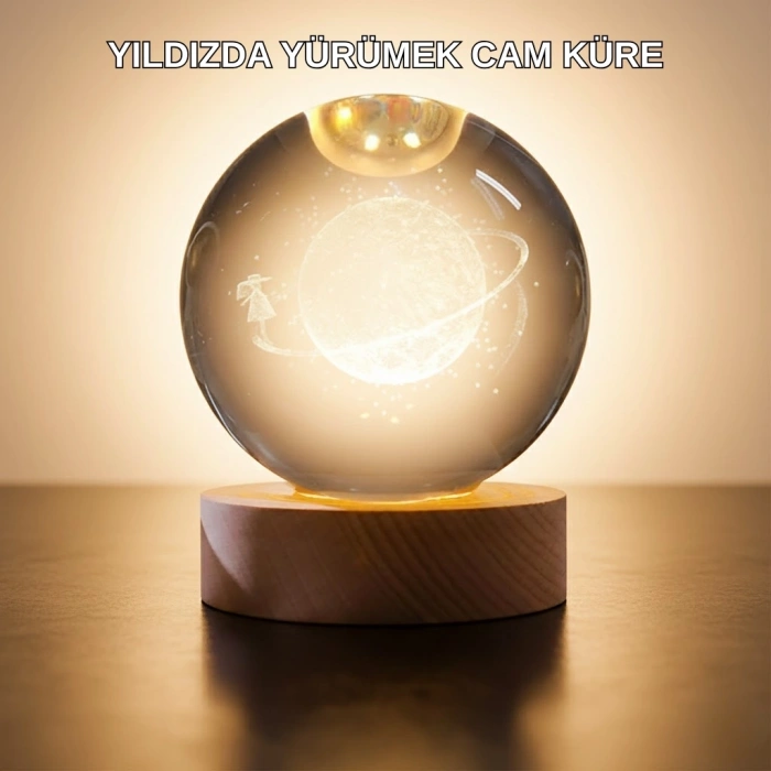 BFS Işıklı Sarı Cam Küre ve Kız Figürü Ahşap Standlı Dekoratif Lamba