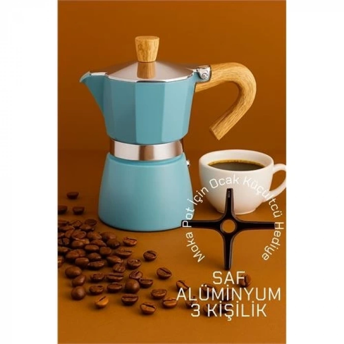 BFS  Italyan Moka Pot - 6061 Saf Alüminyum  Ahşap Saplı - 3 kişilik MAVİ