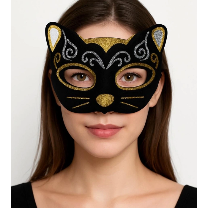 BFS Kadife Dokulu Sim Detaylı Işıltılı Kedi Maskesi Altın Gümüş 20x13 Cm