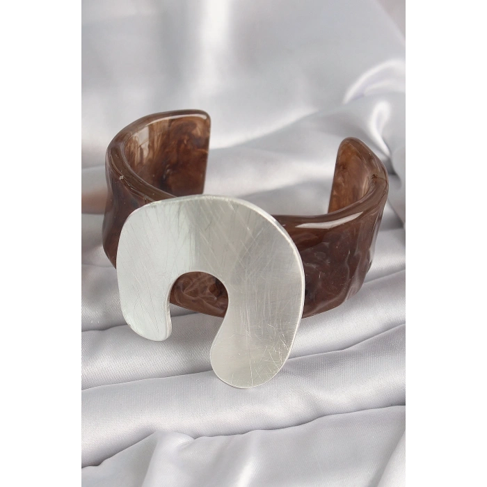 BFS Kahverengi Mermer Desen Akrilik Plastik Gümüş Plaka Model Vintage Kadın Bilezik