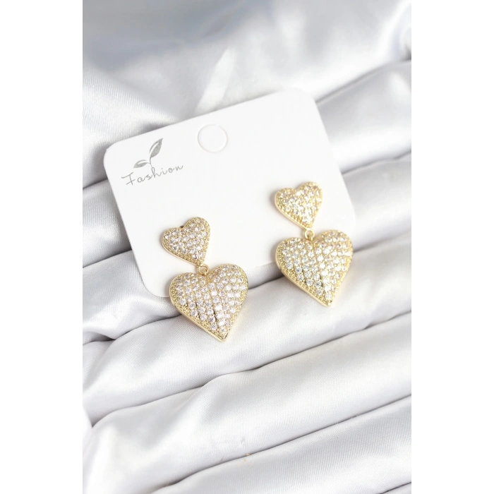 BFS Kalp Model Zirkon Taşlı Gold Renk Pirinç Kadın Küpe