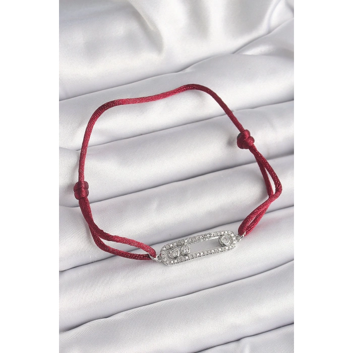 BFS Kırmızı İpli Asansörlü Zirkon Taşlı Gümüş Messika Model Kadın Bileklik