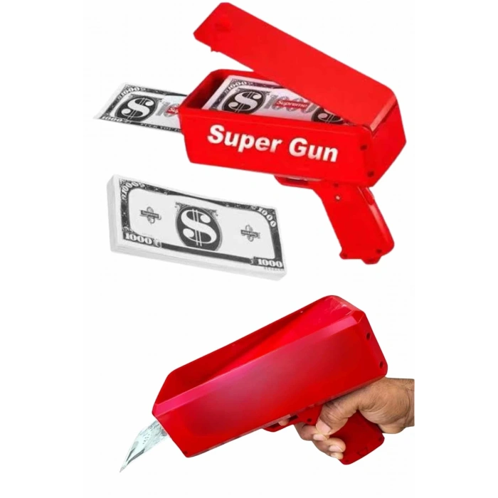 BFS Kırmızı Parti Oyuncağı Para Saçma Fırlatma Tabancası Makinesi Super Money