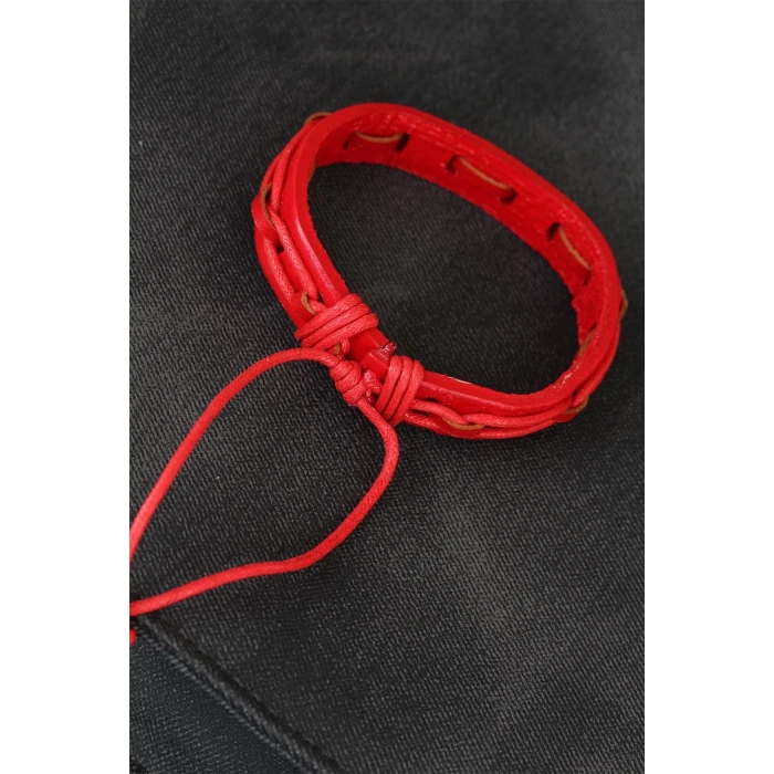 BFS Kırmızı Renk Ayarlamalı İpli Deri Erkek Bileklik