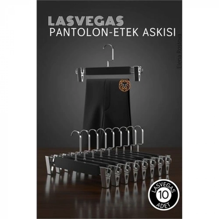 BFS LasVegas  Siyah Ahşap Pantolon ve Etek Askı Seti 10lu Set, Lüks Amerikan Kancalı