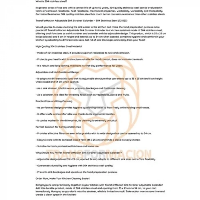 BFS Lavabo Süzgeci Ayarlanabilir Kevgir 304 Paslanmaz Çelik