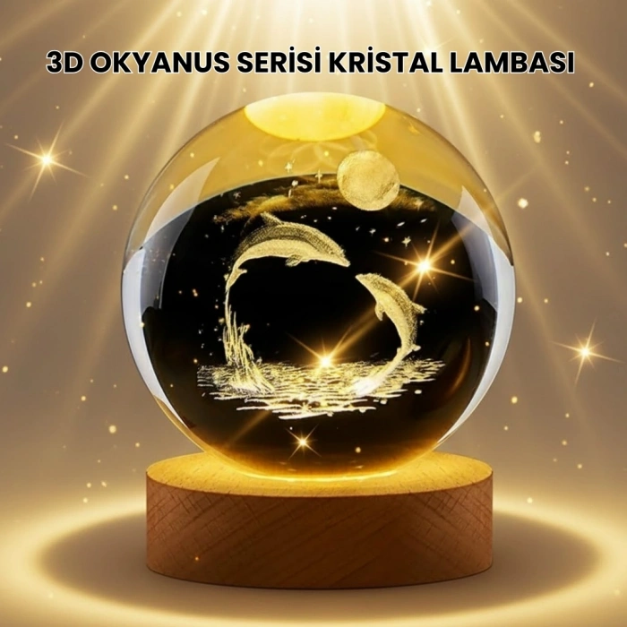 BFS Lazer İşlemeli Yunus Kristal Küre Sıcak Işıklı Ahşap Standlı