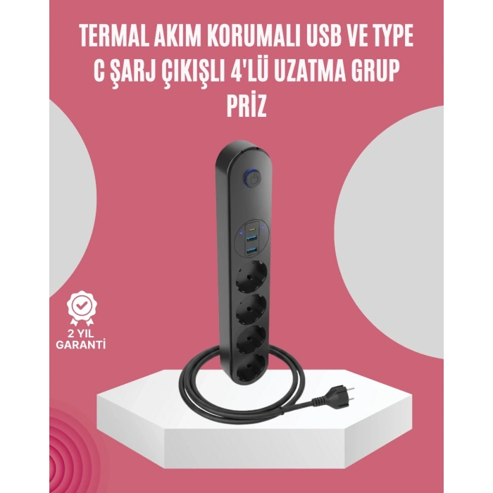 Mey İthalat® Led Anahtarlı Akım Korumalı Çoklu Priz 4 Priz 3 USB Girişli