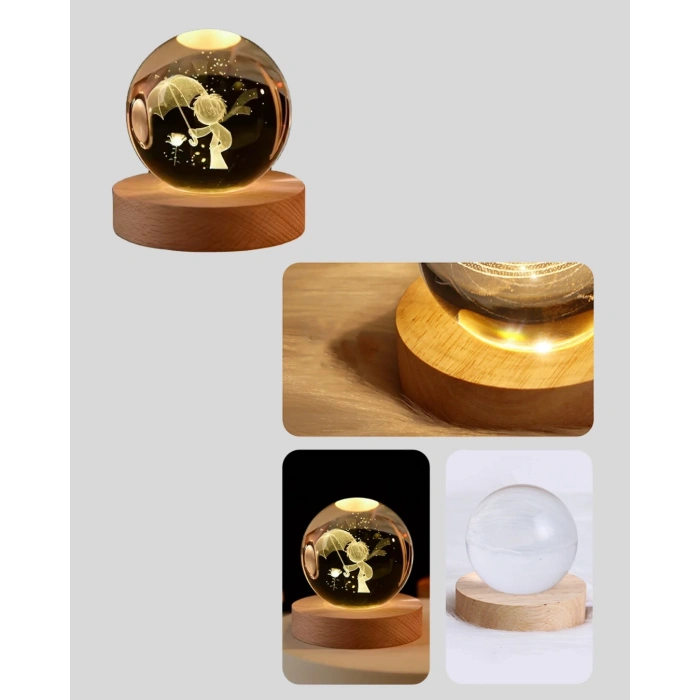 BFS LED Aydınlatmalı 3D Küçük Prens Kristal Küre Ahşap Standlı Masa Gece Lambası