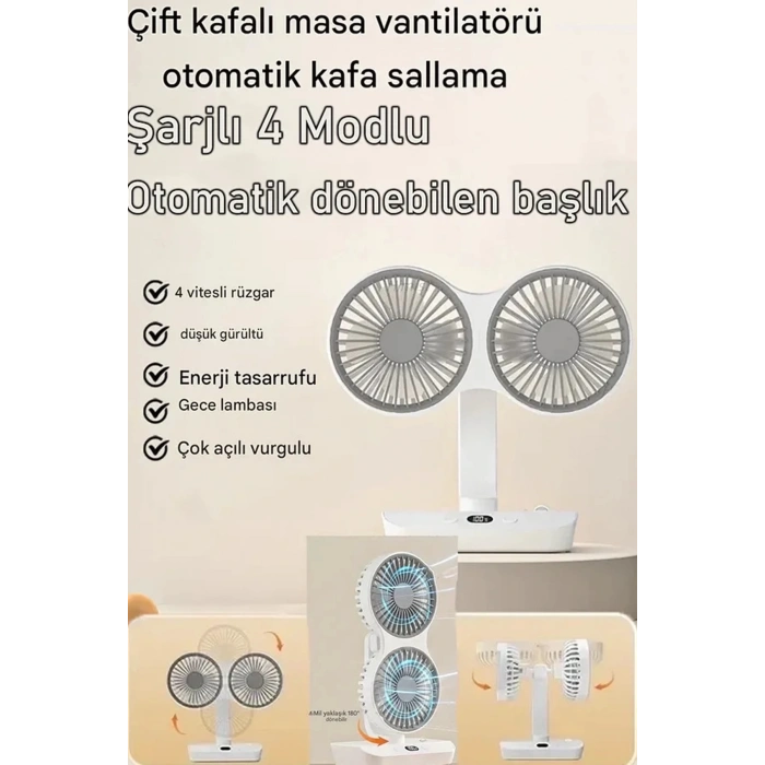 BFS Masaüstü Dijital Ekranlı Çift Fanlı Led Işıklı Soğutucu Fan Ev Ofis Şarjlı Vantilatör