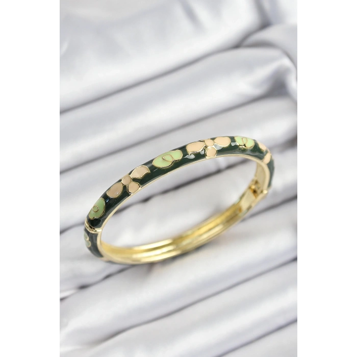 BFS Mineli Pirinç Krem Ve Yeşil Çiçek Motifli Gold Renk Kadın Kelepçe