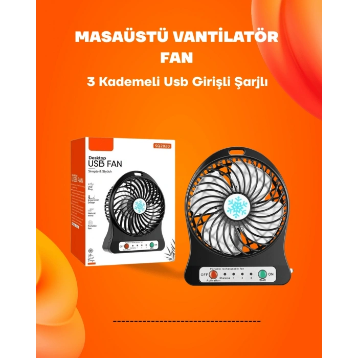 BFS Mini Vantilatör Masaüstü – USB Girişli, Şarjlı, 3 Kademe, Sessiz Motor, Işıklı
