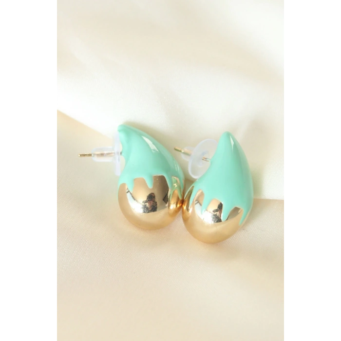 BFS Minimal Turkuaz Mineli Çift Renk Damla Küpe