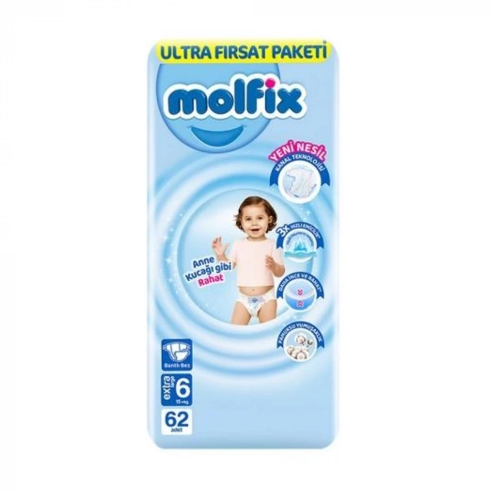 BFS   Molfix Bebek Bezi Ultra Fırsat Paketi 6 Beden 15+ Kg 62 Adet