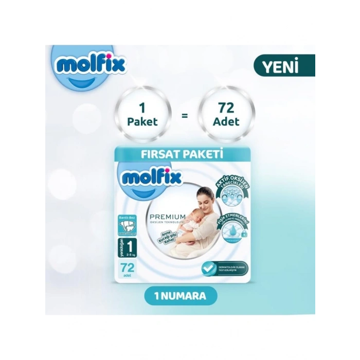 BFS   Molfix Premium Bebek Bezi Fırsat Paketi 1 Beden 2-5 Kg 72 Adet