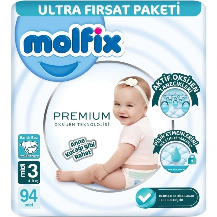 BFS   Molfix Premium Bebek Bezi Ultra Fırsat Paketi 3 Beden 4-9 Kg 94 Adet