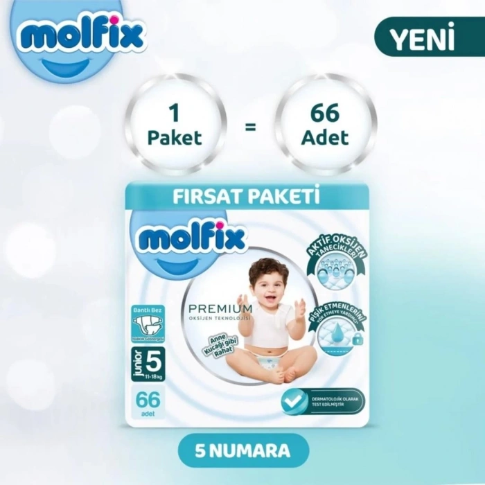 BFS   Molfix Premium Bebek Bezi Ultra Fırsat Paketi 5 Beden 11-18 Kg 66 Adet