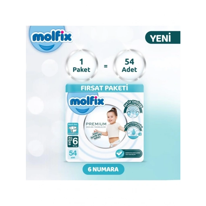 BFS   Molfix Premium Bebek Bezi Ultra Fırsat Paketi 6 Beden 15+ Kg 54 Adet
