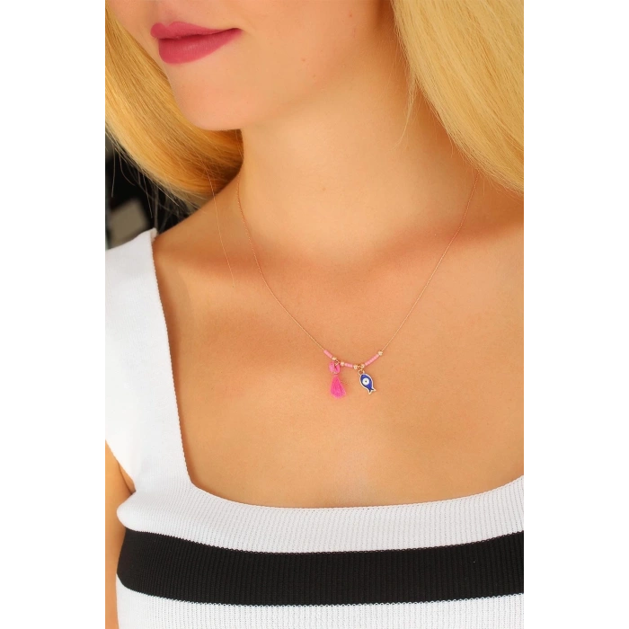 BFS Nazar Boncuklu Pembe Renk Taşlı Rose Bayan Kolye