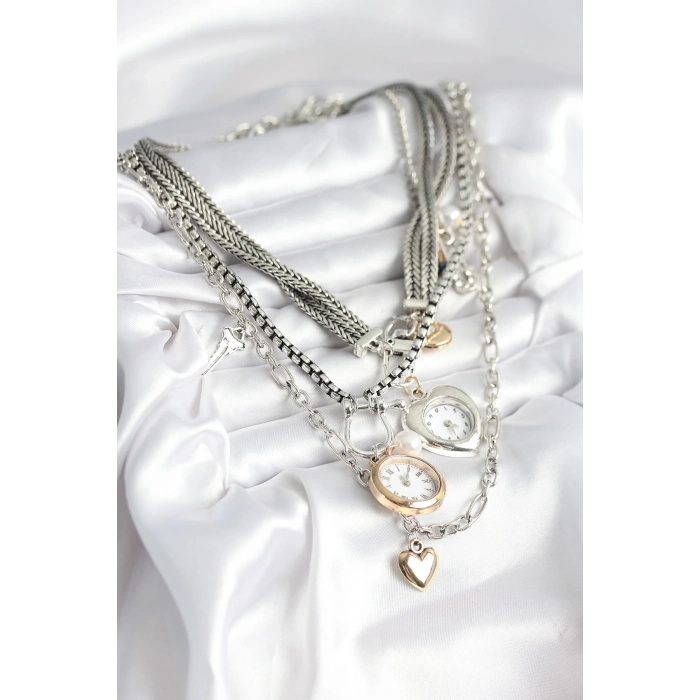 BFS Otantik Gümüş Renk Kadın Kolye Kombini