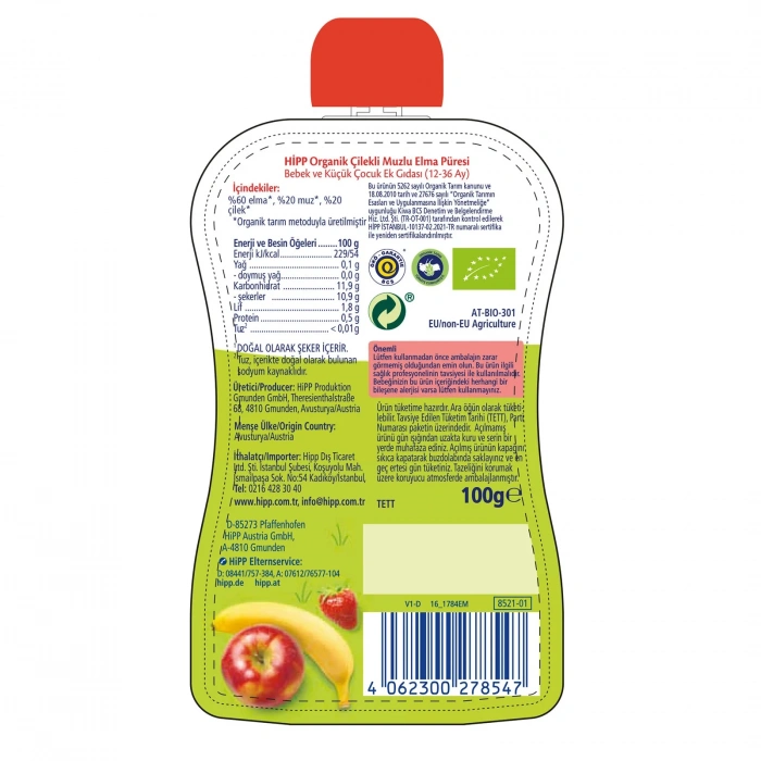 BFS    p Organik Çilekli Muzlu Elmalı Meyve Püresi 100 Gr