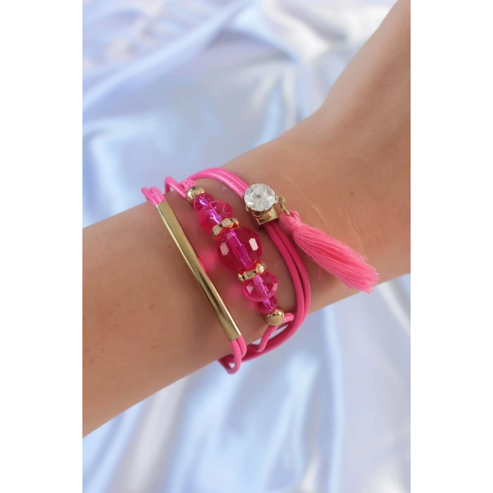 BFS Pembe Zirkon Taşlı İpli Püskül Detay Çoklu Bileklik