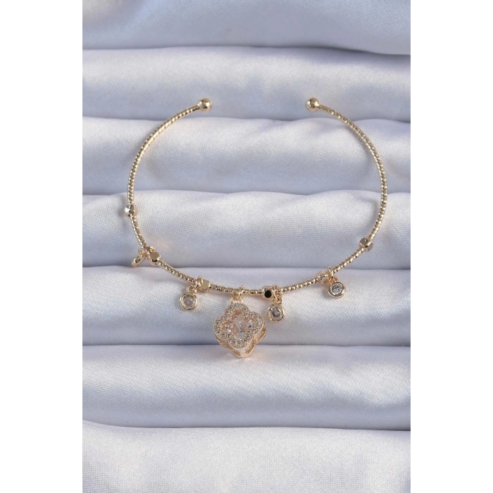 BFS Pirinç Altın Renk Zirkon Taşlı Yonca Model Charm Bileklik
