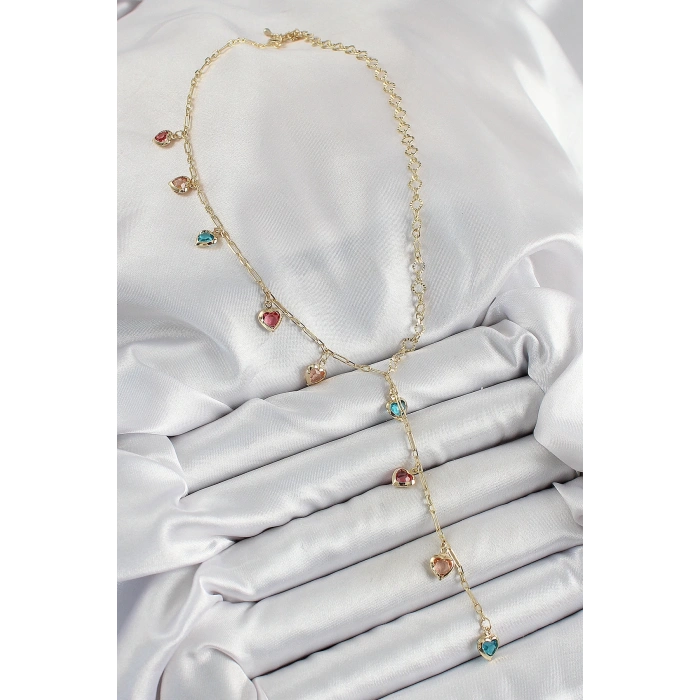 BFS Pirinç Asorti Kalp Model Gold Renk Zirkon Taşlı Y Kolye