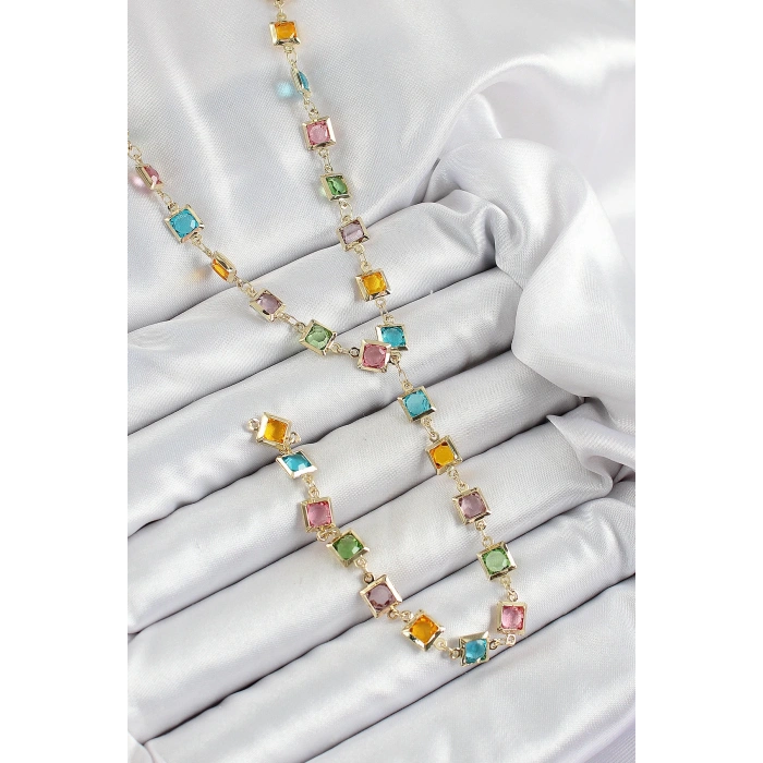 BFS Pirinç Asorti Kare Model Gold Renk Zirkon Taşlı Y Kolye