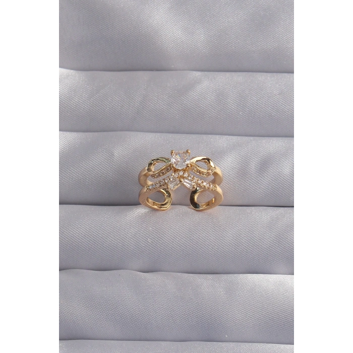 BFS Pirinç Ayarlamalı Gold Renk Zirkon Taşlı 2li Görünüm Fiyonk Yüzük