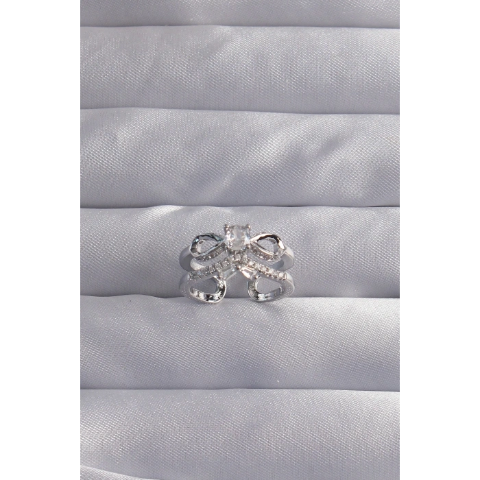 BFS Pirinç Ayarlamalı Gümüş Renk Zirkon Taşlı 2li Görünüm Fiyonk Yüzük