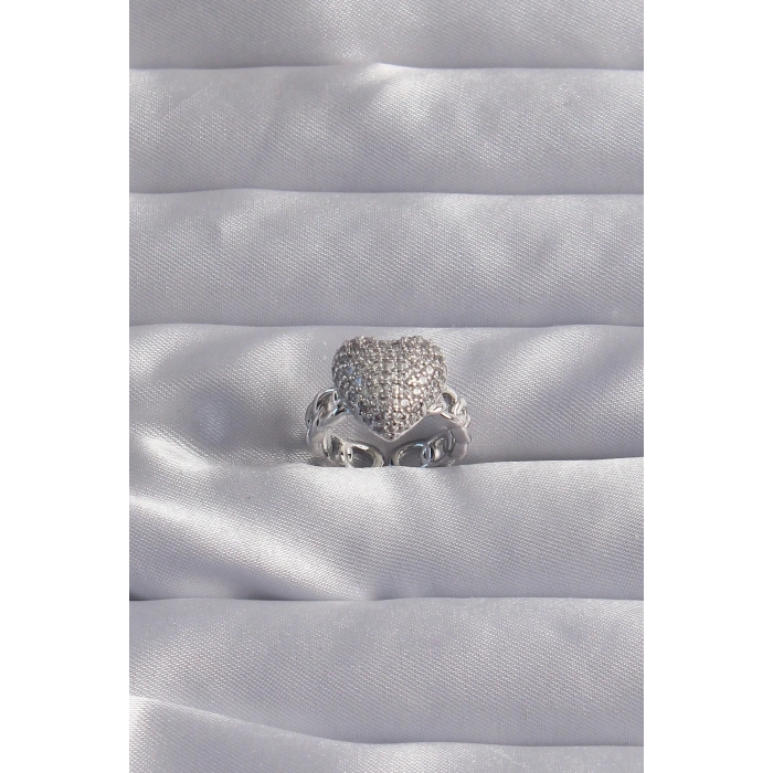 BFS Pirinç Ayarlamalı Gümüş Renk Zirkon Taşlı Bombeli Kalp Yüzük