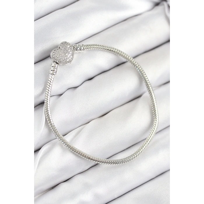 BFS Pirinç Charm Zirkon Taşlı Kalp Model Gümüş Renk Kadın Bileklik