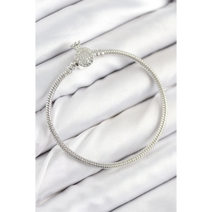 BFS Pirinç Charm Zirkon Taşlı Taç Model Gümüş Renk Kadın Bileklik