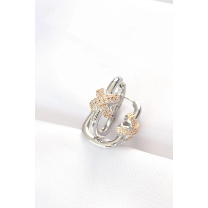 BFS Pirinç Çift Renk Taşlı X Tasarımlı Dikdörtgen Küpe