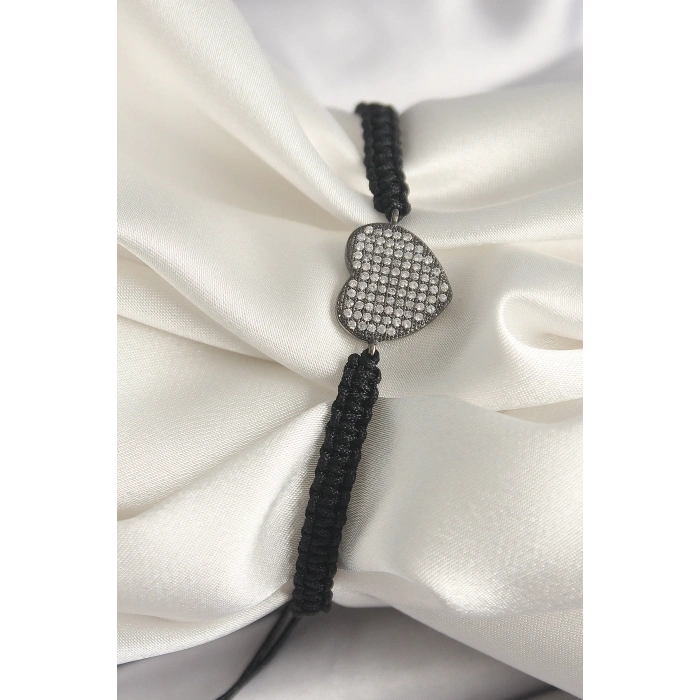 BFS Pirinç Füme Renk Zirkon Taşlı Kalp Figür Asansörlü Makrome Model Kadın Bileklik