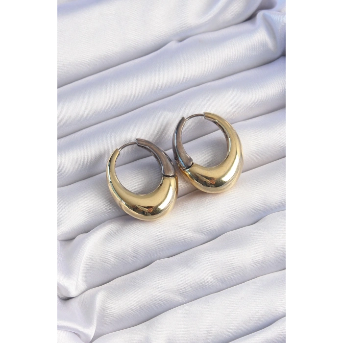 BFS Pirinç Gold Gümüş Renkli Oval Bombeli Küpe