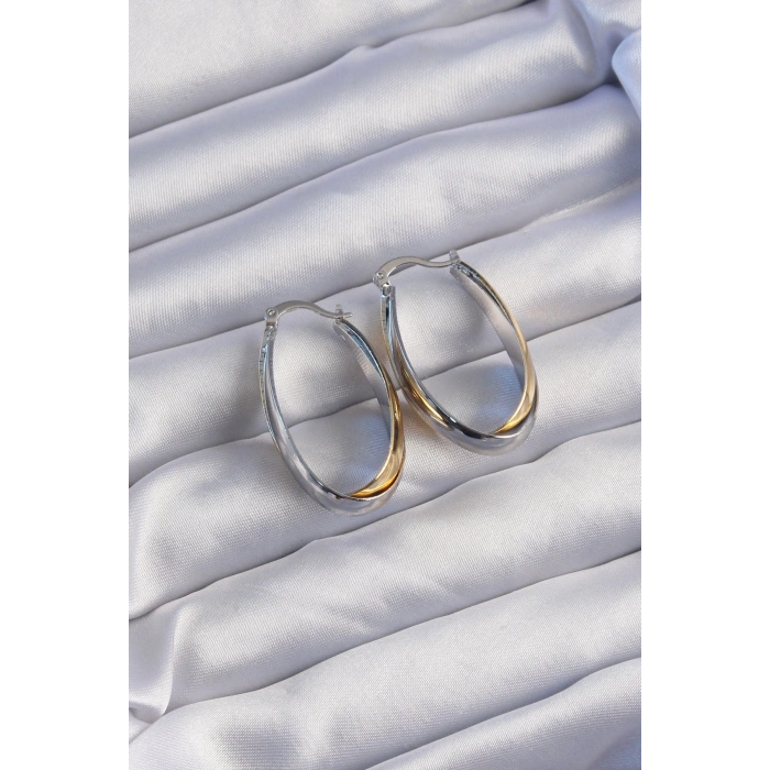 BFS Pirinç Gold Gümüş Renkli Uzun Kıvrımlı Küpe