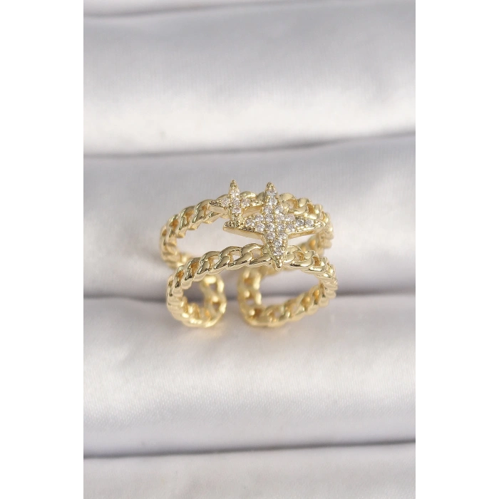 BFS Pirinç Gold Renk 2Li Zincir Zirkon Taşlı Yıldız Figür Kadın Yüzük