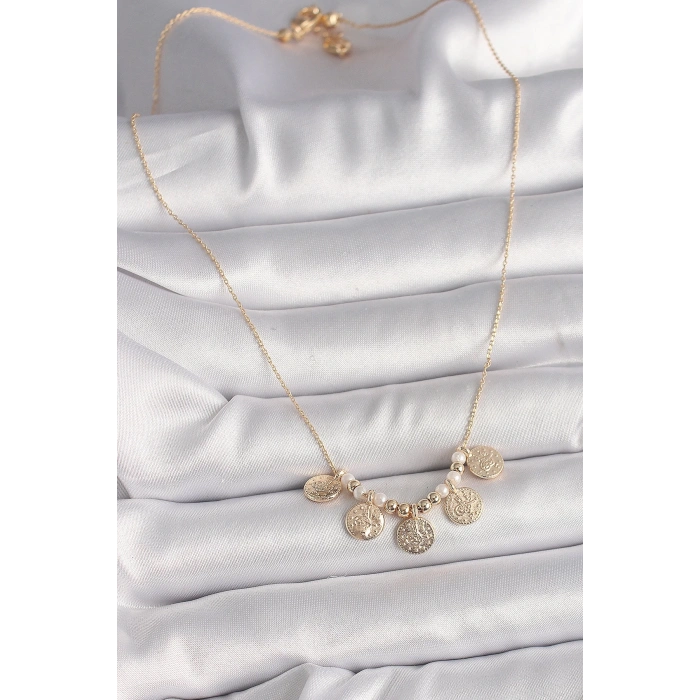 BFS Pirinç Gold Renk 5Li Osmanlı Tuğra Figür İnci Detay Kadın Kolye