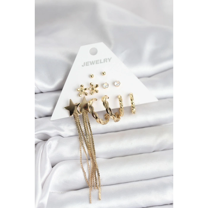 BFS Pirinç Gold Renk 6 Çift Kadın Küpe Seti