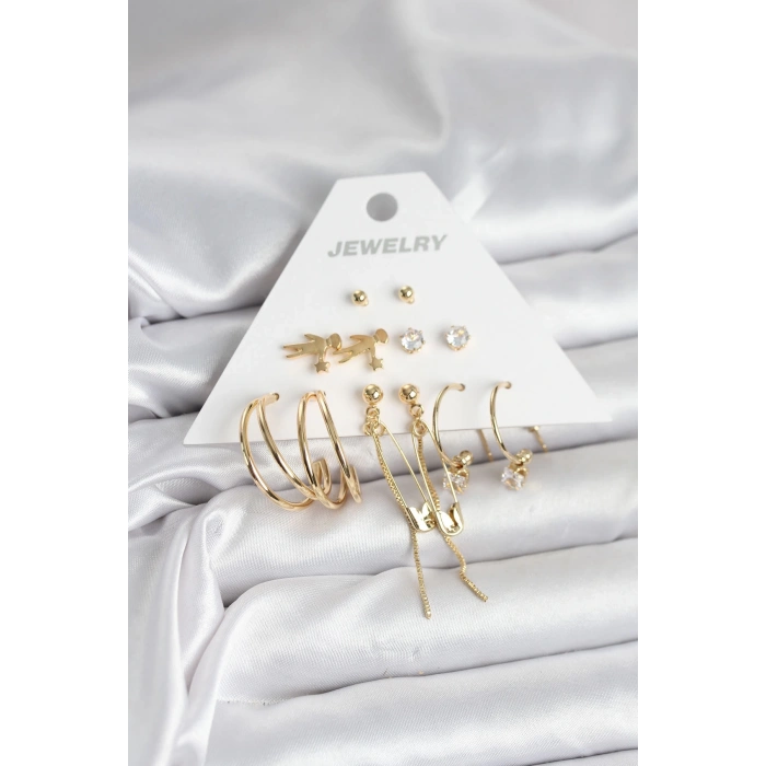 BFS Pirinç Gold Renk 6 Çiftli Kadın Küpe Seti