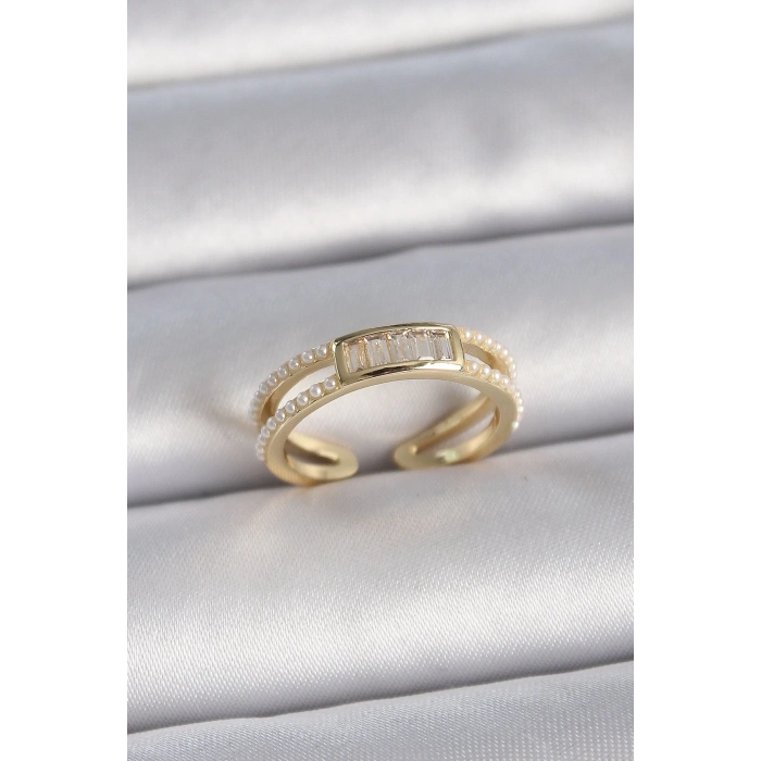 BFS Pirinç Gold Renk Ayarlanabilir Sıralı İncili Zirkon Taş Detaylı Kadın Yüzük