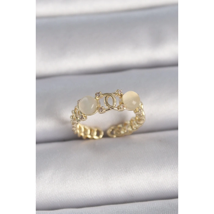 BFS Pirinç Gold Renk Ayarlanabilir Zirkon Taşlı Beyaz Mineli Birleşik Halka Model Kadın Yüzük